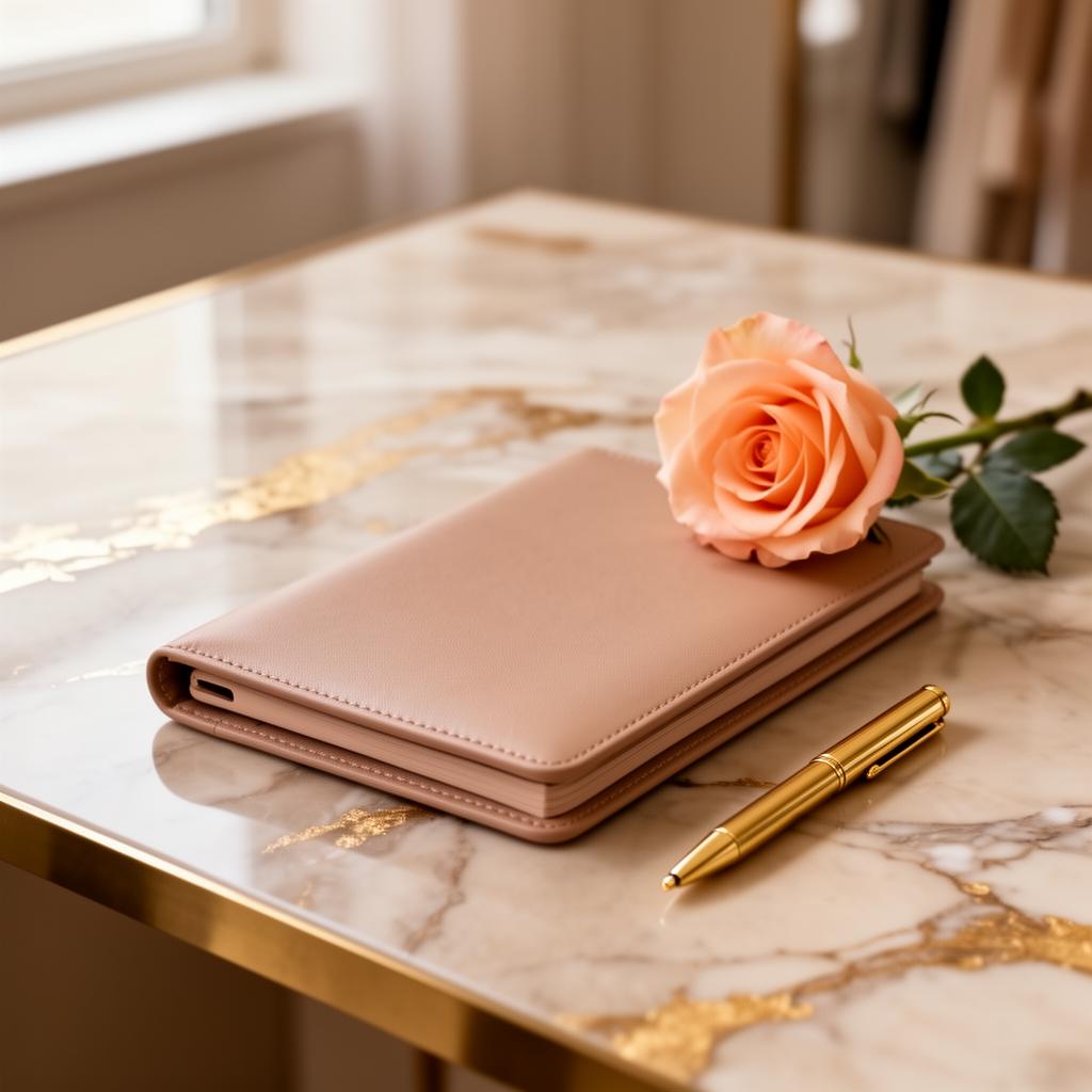 Leather planner, gold pen, and a single peach rose on a marble desk